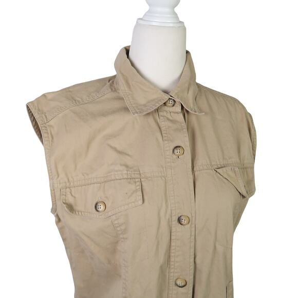 Vintage 90s Rafaella khaki tan button front sleeveless midi shirt dress 8 - Picture 2 of 5